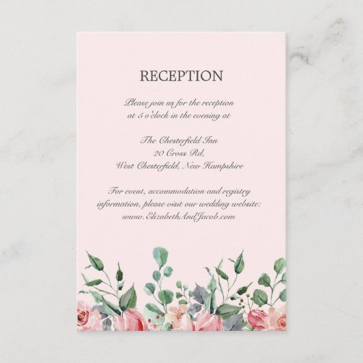 Elizabeth Pink Floral Wedding Reception Informatiekaartje (Voorkant)