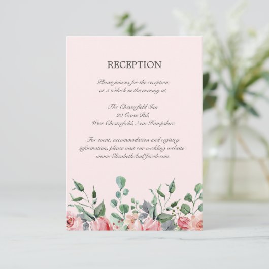 Elizabeth Pink Floral Wedding Reception Informatiekaartje (Staand voorkant)