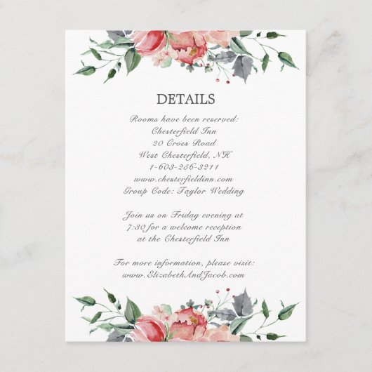Elizabeth Pink Flowers Calligraphy Wedding Details Informatiekaartje (Voorkant)