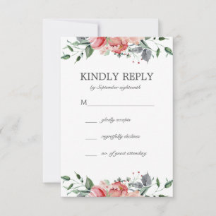 Elizabeth Simple Elegant Pink Flowers Wedding RSVP Kaartje