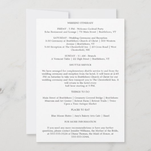 Elizabeth Wedding Welcome Letter & Itinerary (Achterkant)