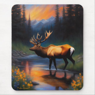 Elk bij Mountain Stream Prachtig Schilderij Muismat