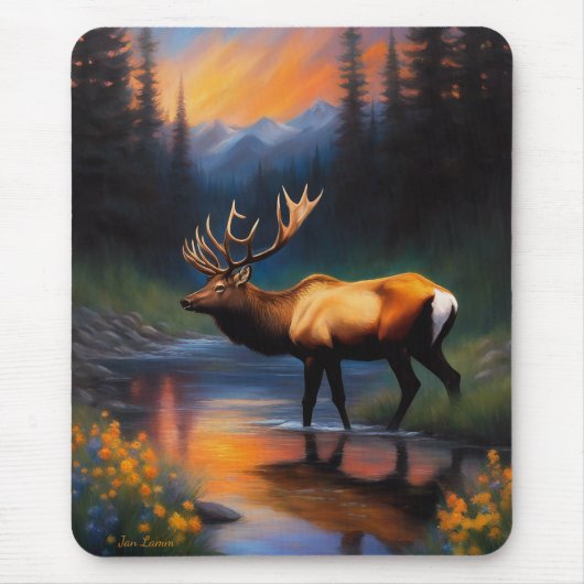 Elk bij Mountain Stream Prachtig Schilderij Muismat (Voorkant)