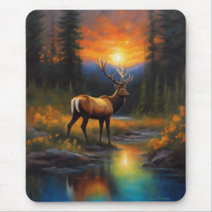Elk bij Rocky Mountain Stream Prachtig schilderij Muismat