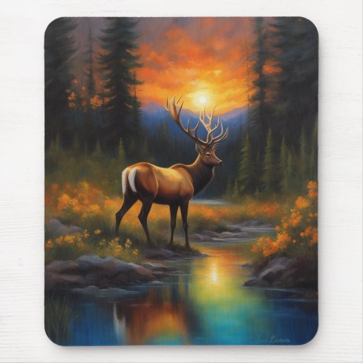 Elk bij Rocky Mountain Stream Prachtig schilderij Muismat (Voorkant)