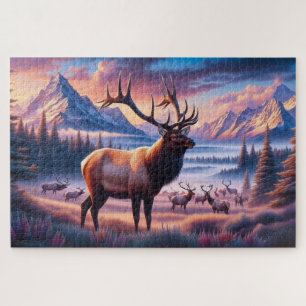 Elk bij Sunrise, Mountains, Wildlife Legpuzzel
