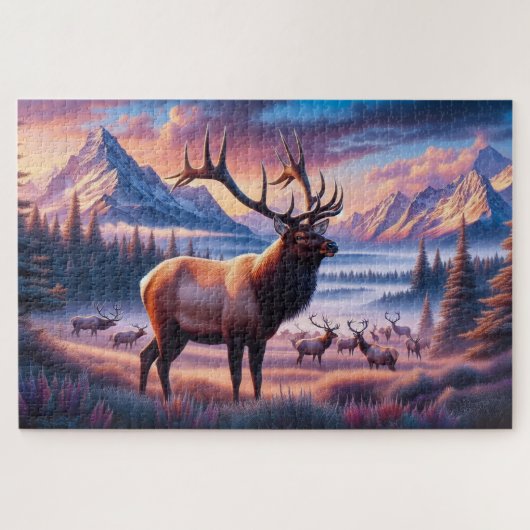 Elk bij Sunrise, Mountains, Wildlife Legpuzzel (Horizontaal)