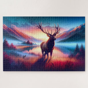 Elk bij Sunrise, Mountains, Wildlife Legpuzzel