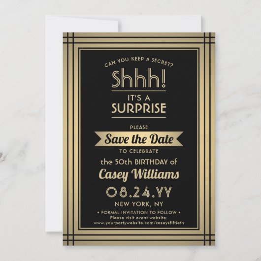 ELK 'Birthday Surprise Party Elegant Black and Gol Save The Date (Voorkant)