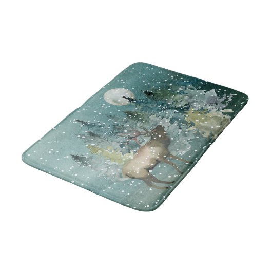 Elk in Forest Full Moon Snowfall Waterverf Badmat (Gekanteld)