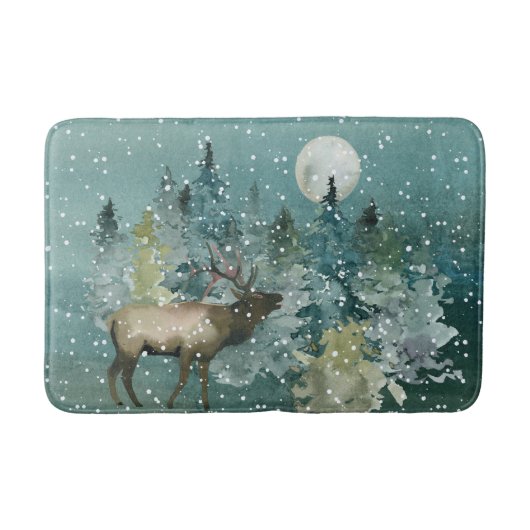 Elk in Forest Full Moon Snowfall Waterverf Badmat (Voorkant)