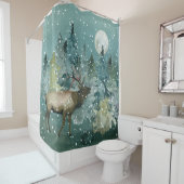 Elk in Forest Full Moon Snowfall Waterverf Douchegordijn (In situ)