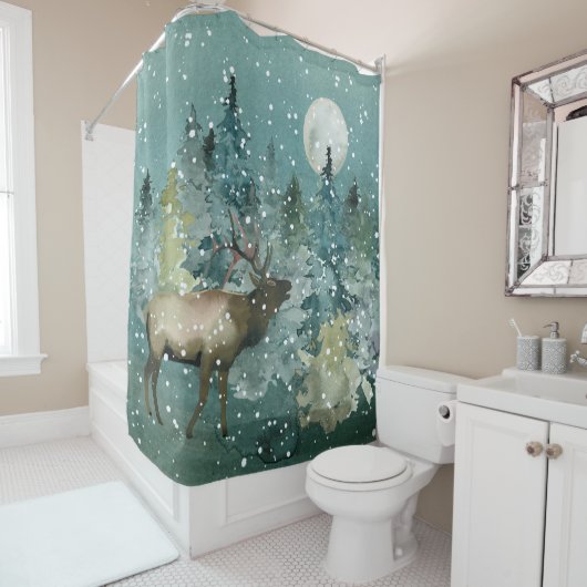 Elk in Forest Full Moon Snowfall Waterverf Douchegordijn (In situ)