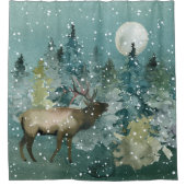 Elk in Forest Full Moon Snowfall Waterverf Douchegordijn (Voorkant)