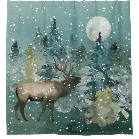 Elk in Forest Full Moon Snowfall Waterverf Douchegordijn (Voorkant)