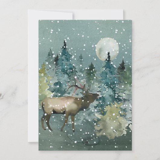 Elk in Forest Full Moon Snowfall Waterverf Feestdagenkaart (Voorkant)