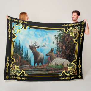 Elk in Montana Mountains, Bull en koe Fleece Blan Deken