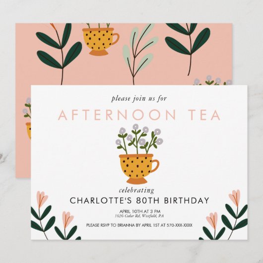 Elk jaar Abstracte bloemen Tea Party Birthday Kaart (Voorkant / Achterkant)