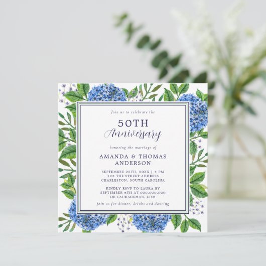 Elk jaar Blue Hydrangea 50ste bruiloft Jubileum Kaart (Staand voorkant)