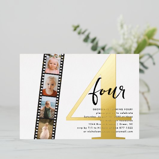 Elk jaar | Eenvoudige 4 filmstrip Foto Birthday Folie Uitnodiging (Staand Voorkant)
