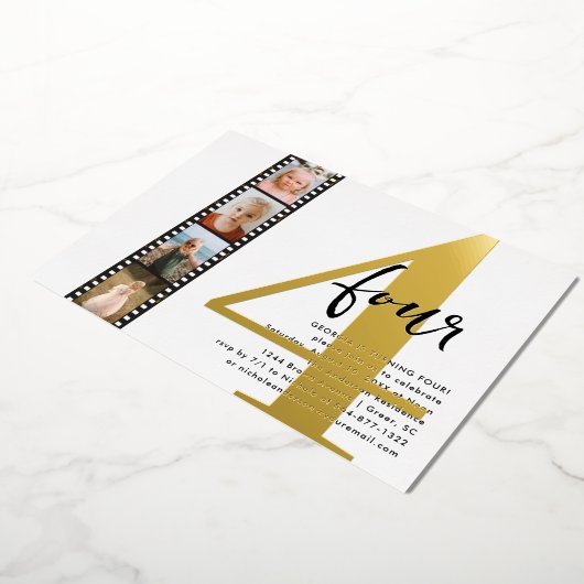 Elk jaar | Eenvoudige 4 filmstrip Foto Birthday Folie Uitnodiging (Gedraaid)