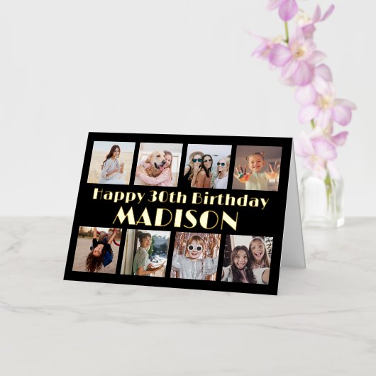 ELK jaar Happy Birthday 8 Fotocollage Zwart Folie Wenskaart (Orchidee)