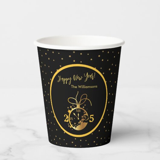 Elk jaar Happy New Year's Black Gold Clock Papieren Bekers (Voorkant)