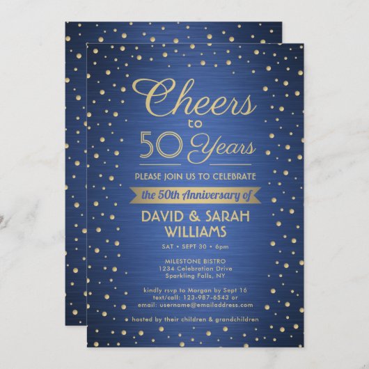 ELK JAAR Jubileum Confetti Blue en Gold Kaart (Voorkant / Achterkant)