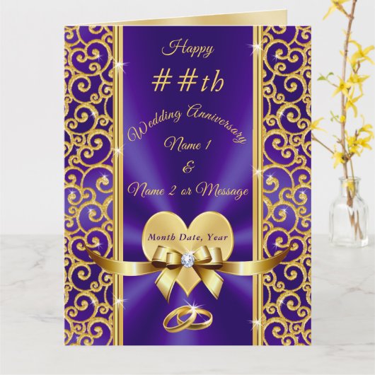 Elk jaar Paarse gouden gepersonaliseerde Jubileum  Kaart (Gele Bloem)