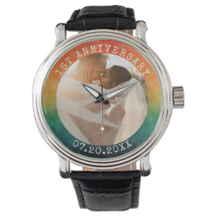 Elk Jaar Retro Zonsondergang Foto 1e Verjaardag Horloge