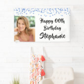 Elk jaar Verjaardag Blauw Confetti Brush Script Fo Spandoek (Insitu)