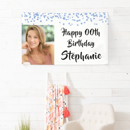 Elk jaar Verjaardag Blauw Confetti Brush Script Fo Spandoek (Insitu)