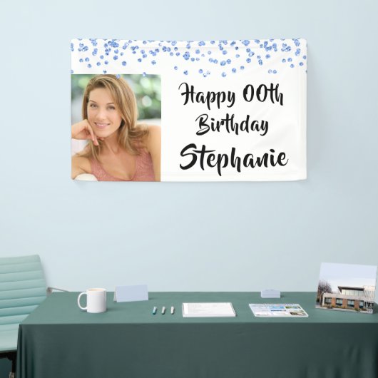 Elk jaar Verjaardag Blauw Confetti Brush Script Fo Spandoek (Beurs)