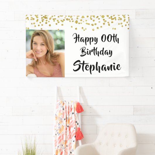 Elk jaar Verjaardag Confetti Brush Script Foto Spandoek (Insitu)