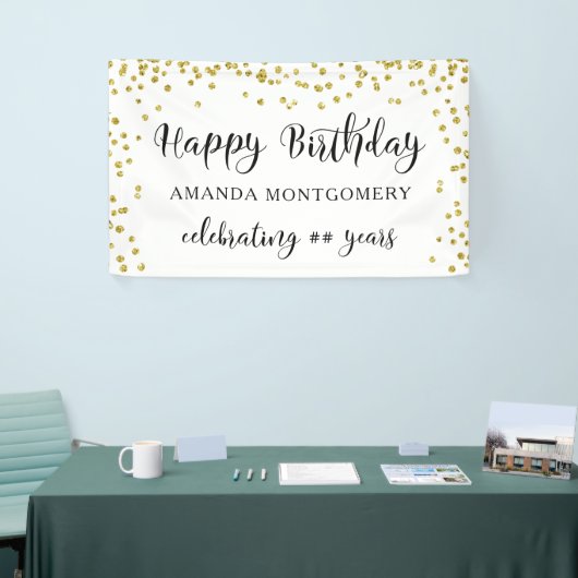 Elk Jaar Verjaardag Confetti Script Zwart en Goud Spandoek (Beurs)