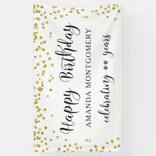 Elk Jaar Verjaardag Confetti Script Zwart en Goud Spandoek (Verticaal)