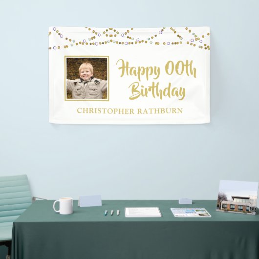 Elk jaar Verjaardag Foto Gold String Lights Spandoek (Beurs)