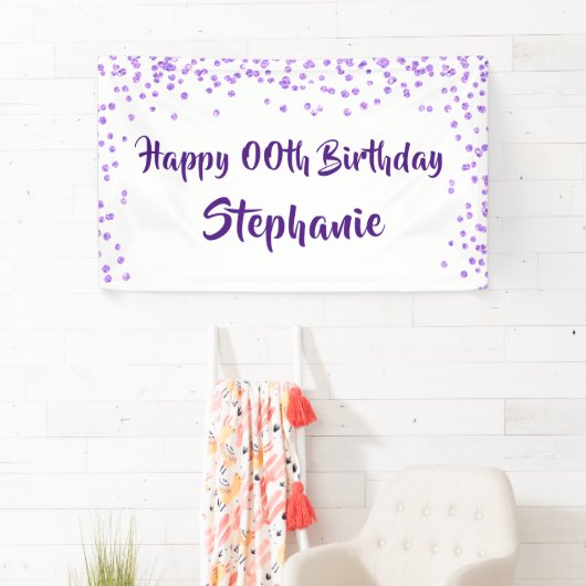 Elk jaar Verjaardag Paarse Confetti Brush Script Spandoek (Insitu)