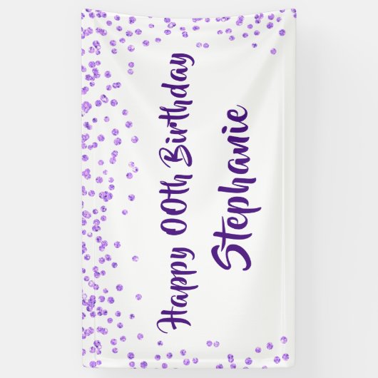 Elk jaar Verjaardag Paarse Confetti Brush Script Spandoek (Verticaal)
