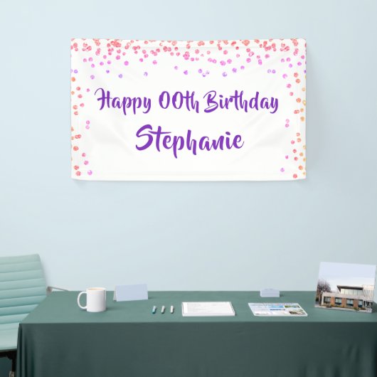 Elk jaar Verjaardag Roze Paarse Confetti Script Spandoek (Beurs)