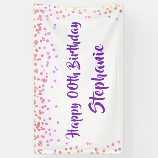 Elk jaar Verjaardag Roze Paarse Confetti Script Spandoek (Verticaal)