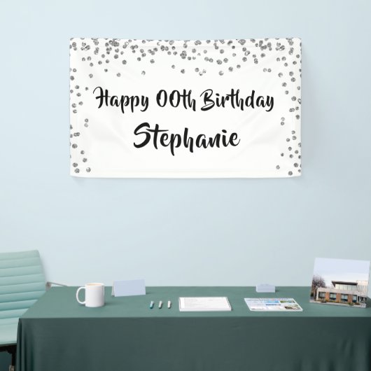 Elk jaar Verjaardag Silver Confetti Brush Script Spandoek (Beurs)