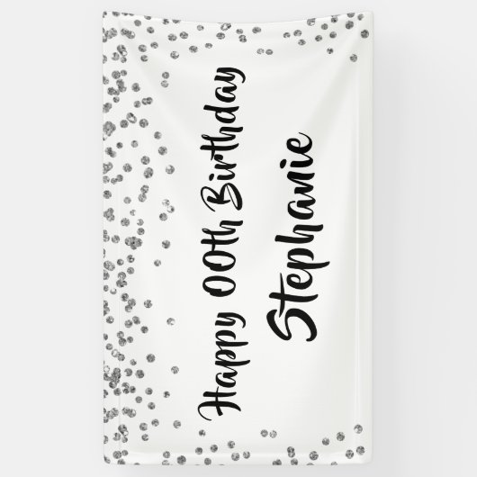 Elk jaar Verjaardag Silver Confetti Brush Script Spandoek (Verticaal)