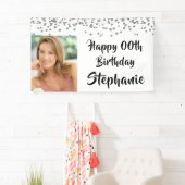 Elk jaar Verjaardag Silver Confetti Brush Script Spandoek (Insitu)