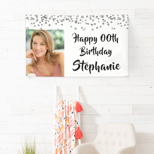 Elk jaar Verjaardag Silver Confetti Brush Script Spandoek (Insitu)