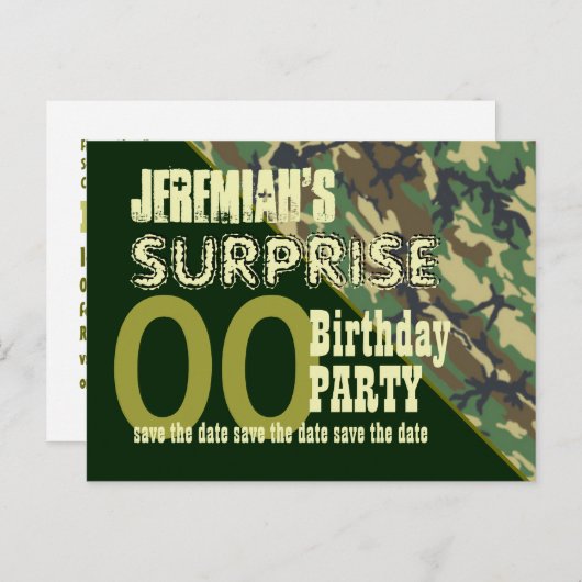 Elk jaar Verrassing Verjaardag Save the Date Camo Aankondigingskaart (Voorkant / Achterkant)