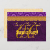 Elk jaar VERRASSING Verjaardag Save the Date Paars Aankondigingskaart (Voorkant / Achterkant)