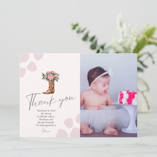 Elk jaar westerne cowgirl foto van roze verjaardag bedankkaart (Staand voorkant)