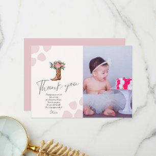 Elk jaar westerne cowgirl foto van roze verjaardag bedankkaart