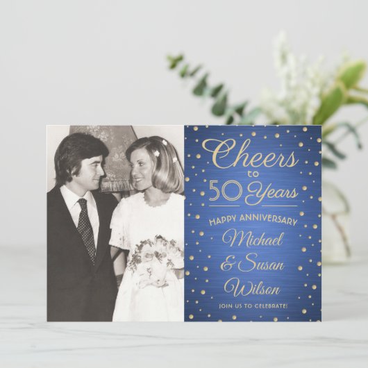 ELK Jubileum 2 Foto Cheers Blue en Gold Party Kaart (Staand voorkant)